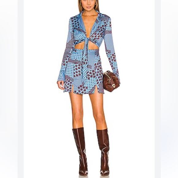 Free People x REVOLVE Women’s Miki Long Sleeve Blue Sea Combo Printed Mini Dress - Picture 14 of 14